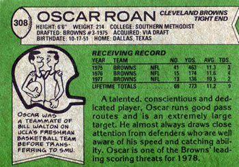 1978 Topps #308 Oscar Roan Back