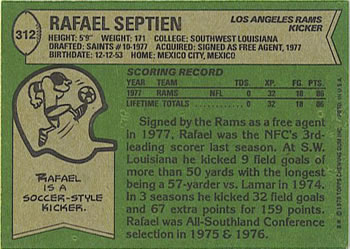 1978 Topps #312 Rafael Septien Back