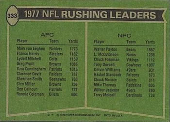 1978 Topps #333 1977 Rushing Leaders (Mark van Eeghen / Walter Payton) Back