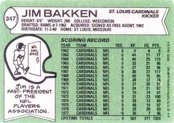 1978 Topps #347 Jim Bakken Back