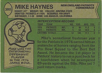 1978 Topps #380 Mike Haynes Back