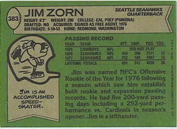 1978 Topps #383 Jim Zorn Back