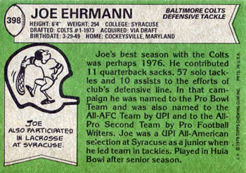 1978 Topps #398 Joe Ehrmann Back