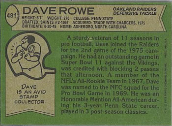 1978 Topps #481 Dave Rowe Back