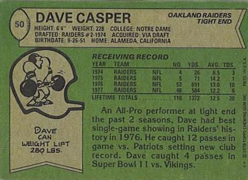 1978 Topps #50 Dave Casper Back