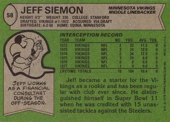 1978 Topps #58 Jeff Siemon Back
