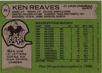 1978 Topps #64 Ken Reaves Back