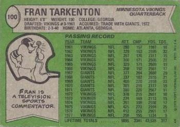 1978 Topps #100 Fran Tarkenton Back