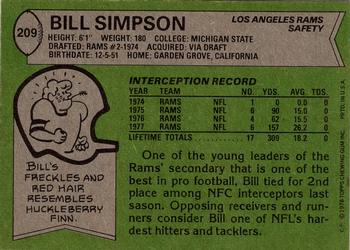 1978 Topps #209 Bill Simpson Back
