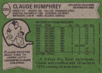 1978 Topps #230 Claude Humphrey Back