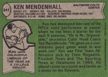 1978 Topps #241 Ken Mendenhall Back