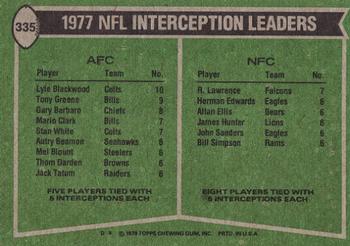1978 Topps #335 1977 Interception Leaders (Lyle Blackwood / Rolland Lawrence) Back