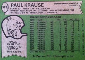 1978 Topps #378 Paul Krause Back