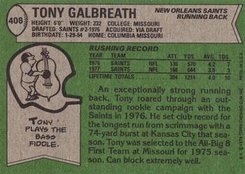 1978 Topps #408 Tony Galbreath Back