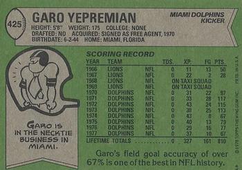 1978 Topps #425 Garo Yepremian Back