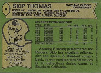 1978 Topps #8 Skip Thomas Back