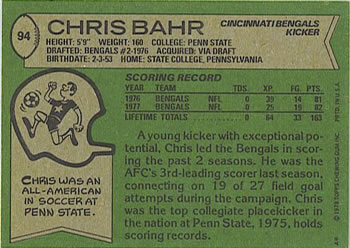 1978 Topps #94 Chris Bahr Back