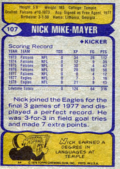 1979 Topps #107 Nick Mike-Mayer Back