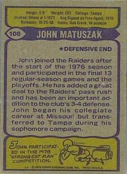 1979 Topps #108 John Matuszak Back