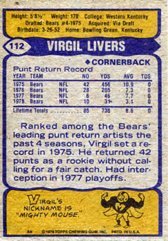 1979 Topps #112 Virgil Livers Back