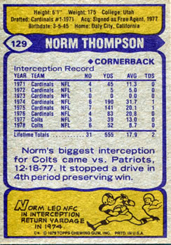 1979 Topps #129 Norm Thompson Back