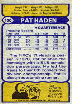 1979 Topps #130 Pat Haden Back