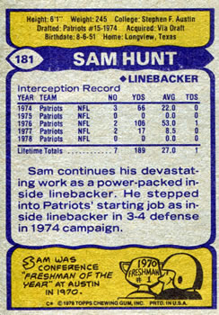 1979 Topps #181 Sam Hunt Back