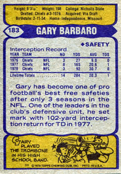 1979 Topps #183 Gary Barbaro Back