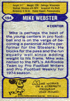 1979 Topps #194 Mike Webster Back