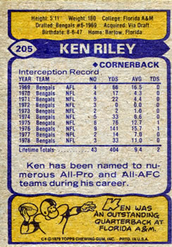 1979 Topps #205 Ken Riley Back