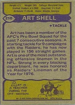 1979 Topps #210 Art Shell Back