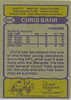 1979 Topps #225 Chris Bahr Back