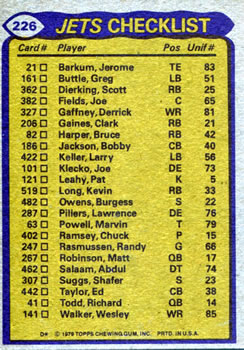 1979 Topps #226 Jets Team Leaders / Checklist (Kevin Long / Wesley Walker / Bobby Jackson / Burgess Owens / Joe Klecko) Back