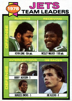 1979 Topps #226 Jets Team Leaders / Checklist (Kevin Long / Wesley Walker / Bobby Jackson / Burgess Owens / Joe Klecko) Front