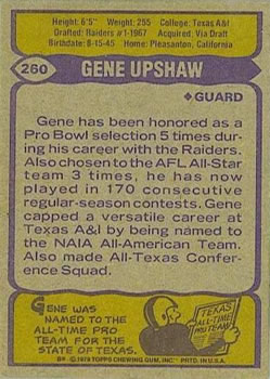 1979 Topps #260 Gene Upshaw Back