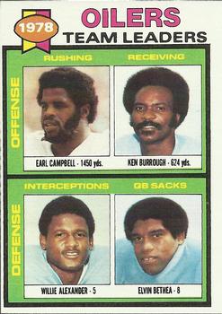 1979 Topps #301 Oilers Team Leaders / Checklist (Earl Campbell / Ken Burrough / Willie Alexander / Elvin Bethea) Front