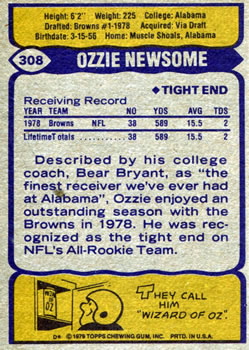 1979 Topps #308 Ozzie Newsome Back
