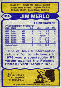 1979 Topps #314 Jim Merlo Back