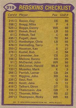 1979 Topps #319 Redskins Team Leaders / Checklist (John Riggins / John McDaniel / Jake Scott / Coy Bacon) Back