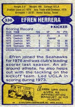 1979 Topps #330 Efren Herrera Back
