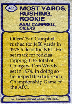 1979 Topps #331 Earl Campbell Back