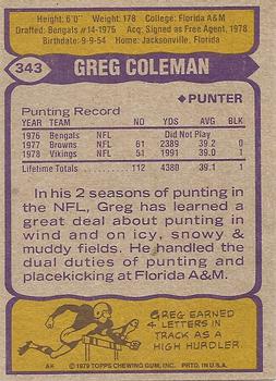 1979 Topps #343 Greg Coleman Back