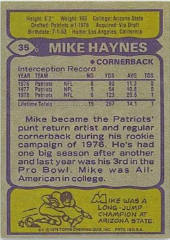 1979 Topps #35 Mike Haynes Back