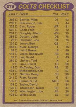 1979 Topps #376 Colts Team Leaders / Checklist (Joe Washington / Roger Carr / Norm Thompson / John Dutton) Back