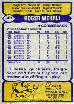 1979 Topps #381 Roger Wehrli Back