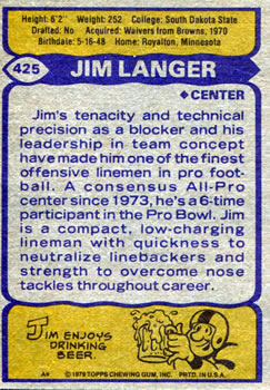 1979 Topps #425 Jim Langer Back