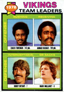 1979 Topps #432 Vikings Team Leaders / Checklist (Chuck Foreman / Ahmad Rashad / Bobby Bryant / Mark Mullaney) Front