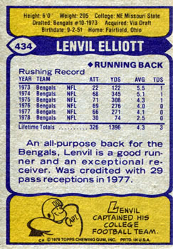 1979 Topps #434 Lenvil Elliott Back