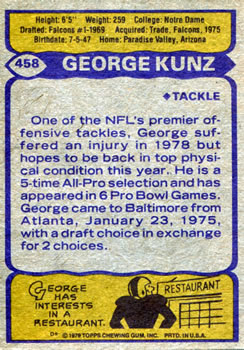 1979 Topps #458 George Kunz Back