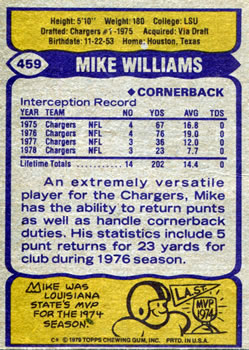 1979 Topps #459 Mike Williams Back